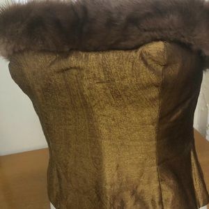 Real Mink Fur Trim Silk Brocade Top  Bustier